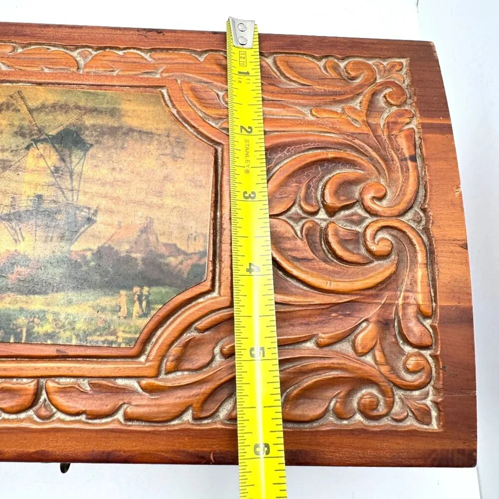 Vtg 1950s Hand-Carved Cedar Wood Jewelry Box Mirror Windmill Footed Base